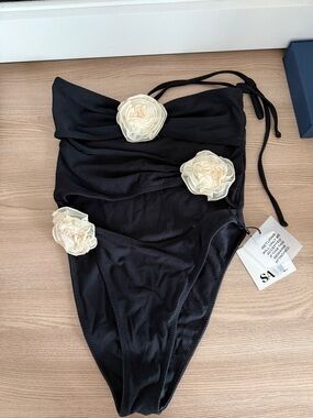 Black One-Piece Swimsuit with Cream Floral Appliqués